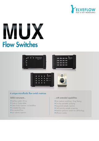 ©2013ELVEFLOW®MicrofluidicInnovationCenter.Allrightsreserved.Informationissubjecttochangewithoutnotice.
4 unique microfluidic flow switch matrices
Skilful instruments...
Fast flow switch: 25 ms
2-way or 3-way valves
Clean fluids injection: no backflow
Complete flow stop
No residual flow
Low volume injection
...with extended capabilities
Fast medium switching - Drug Testing
On-chip peristaltic pumping
Sequential sample injection
Cell/particle sample screening
Medium perfusion switch for cell biology
Diffusion studies
 