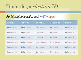 Tema de perfectum (V)
Perfet subjuntiu actiu: arrel + dT + dpact
1a conj.          2a conj.           3a conj.         3a conj m.       4ª conj.

Amav – eri -m     Delev – eri -m     Rex – eri -m     Fec – eri -m     Audiv – eri -m

Amav – eri -s     Delev – eri -s     Rex – eri -s     Fec – eri -s     Audiv – eri -s

Amav – eri -t     Delev – eri -t     Rex – eri -t     Fec – eri -t     Audiv – eri -t

Amav – eri -mus   Delev – eri -mus   Rex – eri -mus   Fec – eri -mus   Audiv – eri -mus

Amav – eri -tis   Delev – eri -tis   Rex – eri -tis   Fec – eri -tis   Audiv – eri -tis

Amav – eri -nt    Delev – eri -nt    Rex – eri -nt    Fec – eri -nt    Audiv – eri -nt
 