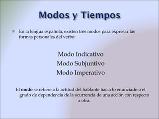 <ul><li>En la lengua española, existen tres modos para expresar las formas personales del verbo: </li></ul><ul><li>Modo In...