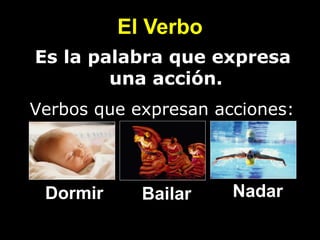 El Verbo
• Es la palabra que expresa
         • una acción.
Verbos que expresan acciones:



  Dormir     Bailar   Nadar
 