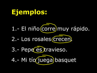 Ejemplos:

1.- El niño corre muy rápido.
2.- Los rosales crecen.
3.- Pepe es travieso.
4.- Mi tío juega basquet
 