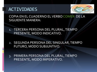 ACTIVIDADES
COPIA EN EL CUADERNO EL VERBO COMER DE LA
SIGUIENTE MANERA:

1. TERCERA PERSONA DEL PLURAL, TIEMPO
  PRESENTE, MODO INDICATIVO.

2. SEGUNDA PERSONA DEL SINGULAR, TIEMPO
  FUTURO, MODO SUBJUNTIVO.

3. PRIMERA PERSONA DEL PLURAL, TIEMPO
  PRESENTE, MODO IMPERATIVO.
 