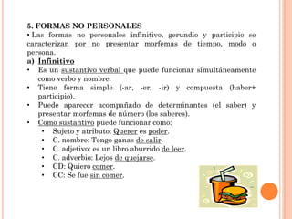 5. FORMAS NO PERSONALES
• Las formas no personales infinitivo, gerundio y participio se
caracterizan por no presentar morfemas de tiempo, modo o
persona.
a) Infinitivo
• Es un sustantivo verbal que puede funcionar simultáneamente
    como verbo y nombre.
• Tiene forma simple (-ar, -er, -ir) y compuesta (haber+
    participio).
• Puede aparecer acompañado de determinantes (el saber) y
    presentar morfemas de número (los saberes).
• Como sustantivo puede funcionar como:
     • Sujeto y atributo: Querer es poder.
     • C. nombre: Tengo ganas de salir.
     • C. adjetivo: es un libro aburrido de leer.
     • C. adverbio: Lejos de quejarse.
     • CD: Quiero comer.
     • CC: Se fue sin comer.
 