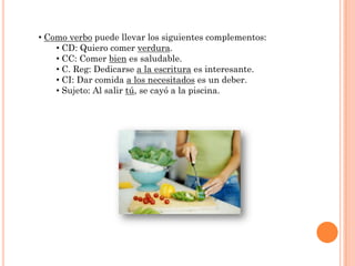 • Como verbo puede llevar los siguientes complementos:
    • CD: Quiero comer verdura.
    • CC: Comer bien es saludable.
    • C. Reg: Dedicarse a la escritura es interesante.
    • CI: Dar comida a los necesitados es un deber.
    • Sujeto: Al salir tú, se cayó a la piscina.
 