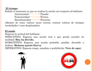 El tiempo
Señala el momento en que se realiza la acción con respecto al hablante.
        Anterioridad             Pasado
        Posterioridad            Futuro
        Simultaneidad            Presente
Además de estos valores (usos rectos), existen valores de tiempos
trasladados ( usos desplazados).

El modo
Expresa la actitud del hablante.
INDICATIVO: Expresa una acción real o que puede suceder en
realidad: Hoy ha llovido.
SUBJUNTIVO: Expresa una acción probable, posible, deseable o
dudosa. Mañana quizás llueva.
IMPERATIVO: Expresa ruego, mandato o prohibición. Vete de aquí.
 