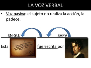 LA VOZ VERBAL
• Voz pasiva: el sujeto no realiza la acción, la
  padece.


___SN-SUJ_______ _________SVPV_________

Esta                fue escrita por
 