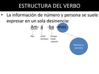 ESTRUCTURA DEL VERBO
• La información de número y persona se suele
  expresar en un sola desinencia:
              Am- á -...