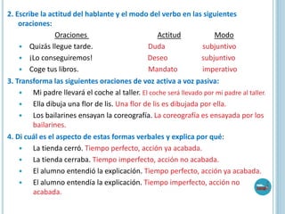 2. Escribe la actitud del hablante y el modo del verbo en las siguientes
oraciones:
Oraciones Actitud Modo
 Quizás llegue tarde. Duda subjuntivo
 ¡Lo conseguiremos! Deseo subjuntivo
 Coge tus libros. Mandato imperativo
3. Transforma las siguientes oraciones de voz activa a voz pasiva:
 Mi padre llevará el coche al taller. El coche será llevado por mi padre al taller.
 Ella dibuja una flor de lis. Una flor de lis es dibujada por ella.
 Los bailarines ensayan la coreografía. La coreografía es ensayada por los
bailarines.
4. Di cuál es el aspecto de estas formas verbales y explica por qué:
 La tienda cerró. Tiempo perfecto, acción ya acabada.
 La tienda cerraba. Tiempo imperfecto, acción no acabada.
 El alumno entendió la explicación. Tiempo perfecto, acción ya acabada.
 El alumno entendía la explicación. Tiempo imperfecto, acción no
acabada.
 