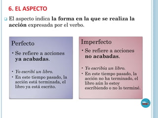 6. EL ASPECTO
 El aspecto indica la forma en la que se realiza la
acción expresada por el verbo.
Perfecto
•Se refiere a acciones
ya acabadas.
• Yo escribí un libro.
• En este tiempo pasado, la
acción está terminada, el
libro ya está escrito.
Imperfecto
•Se refiere a acciones
no acabadas.
• Yo escribía un libro.
• En este tiempo pasado, la
acción no ha terminado, el
libro aún lo estoy
escribiendo o no lo terminé.
 