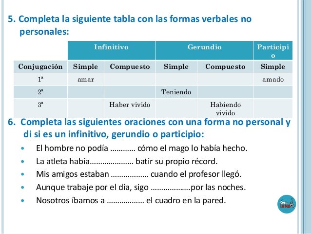 5. Completa la siguiente tabla con las formas verbales no
personales:
Infinitivo
Conjugación

Simple

1ª

Compuesto

Gerun...