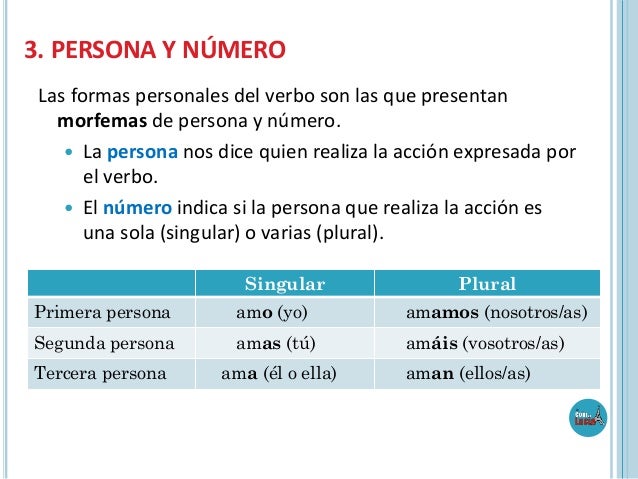 3. PERSONA Y NÚMERO
Las formas personales del verbo son las que presentan
morfemas de persona y número.
 La persona nos d...