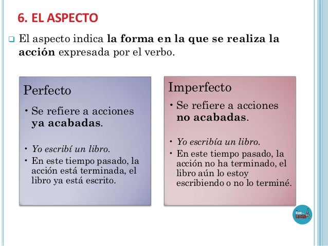 6. EL ASPECTO


El aspecto indica la forma en la que se realiza la
acción expresada por el verbo.

Perfecto

Imperfecto

...