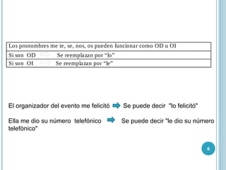 6
Los pronombres me te, se, nos, os pueden funcionar como OD u OI
Si son OD Se reemplazan por “lo”
Si son OI Se reemplazan por “le”
El organizador del evento me felicitó Se puede decir "lo felicitó"
Ella me dio su número telefónico Se puede decir "le dio su número
telefónico"
 