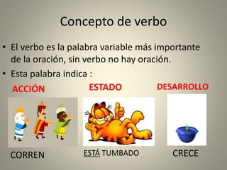 Concepto de verbo
• El verbo es la palabra variable más importante
de la oración, sin verbo no hay oración.
• Esta palabra indica :
ACCIÓN ESTADO DESARROLLO
CORREN ESTÁ TUMBADO CRECE
 