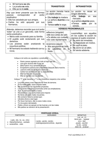 Prof. José Milton Ch. P.
 Mi hermana es ella.
 La prueba es esta.
 Ella ya no lo está.
TRANSITIVOS INTRANSITIVOS
Hay que tener presente que las formas
pasivas corresponden al verbo
predicativo:
 Ella fue saludada por sus amigos.
 Carlos ha sido apoyado por sus
hermanos.
La acción transita hacia
un objeto directo.
La acción no recae en
ningún elemento.
 Ella trabaja la madera.
 La señora duerme a su
bebé.
 Teresa salta la soga.
Ella trabaja en ese
mercado.
La señora duerme poco.
Teresa salta por la
vereda.
Además, debemos recordar que si el verbo
“estar” se une a un gerundio, este forma
verbo predicativo.
 María está cocinando para su familia.
 El pueblo está reclamando por sus
derechos.
 Los jóvenes están analizando la
coyuntura política.
 Mi hermano ha estado hablando con su
novia.
VERBOS PRONOMINALES
reflexivos (singular)
Me lavo antes de salir.
Te afeitas con cuidado.
Se viste rápidamente.
cuasirreflejo: son aquellos
en los cuales la acción no
regresa al sujeto oracional.
 Se retiró de inmediato.
 Te molestaste sin motivo.
 Se cayó el plato.
 Me dormí en el sillón.
 Se sienta adelante.
recíprocos (plural)
 Nos apoyamos en todo.
 Se saludaron en la
fiesta.
Indique si el verbo es copulativo o predicativo
 Pedro parece agotado por todo el trajín del día. ( )
 Una gran doctora ella ha de ser. ( )
 Ellos fueron muy cansados al cine. ( )
 Enojadísimo parecía ese protestante después de la marcha. ( )
 Juana lo está por su buena conducta. ( )
 Carlos fue sentenciado por su acto delictivo. ( )
 Ella fue feliz con su esposo. ( )
 Ella se fue feliz con su esposo. ( )
Indique “T” si es transitivo y “I” si es intransitivo respecto a los verbos
 La joven pasea a esa mascota los fines de semana. ( )
 En la madrugada, nació un lindo bebé. ( )
 Me ayudaron en los siguientes proyectos. ( )
 Los jóvenes trabajaron incómodos ante sus empleadores. ( )
 Ayer, lo demostró frente a todos. ( )
 Necesitamos una oportunidad para mejorar. ( )
 No llores por esos malos recuerdos. ( )
 Me contaron toda la verdad ayer. ( )
 Llévalos ahora a ese lugar. ( )
 Por favor hermano, dile no esos malos vicios. ( )
 Yo me quiero demasiado. ( )
 Pablo y Arturo se apoyan en las buenas y en las malas ( )
 Mis padres se retiraron de la presentación. ( )
PERÍFRASIS VERBAL
PARTICIPIO GERUNDIO INFINITIVO
(-ado, -ido, -to, -so, -cho)
 Había/he/hemos…cantado
 es/será/fue…visto
(-ando, -yendo, -iendo)
está/sigue/para/continúa…leyendo
(-ar, -er, -ir)
tiene que… repasar
va a…leer
puede…escribir
ha de…cantar
debe de…analizar
 