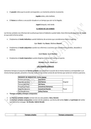 • El pasado indica que la acción corresponde a un momento anterior al presente.
Jugaba antes, esta mañana.
• El futuro se refiere a una acción situada en un tiempo que aún no ha llegado.
Jugaré después, más tarde.
EL MODO DE LOS VERBOS
Las formas verbales nos informan de la actitud que tiene el hablante cuando habla. Esta información depende del modo
en que esté la forma verbal.
• Empleamos el modo indicativo cuando hablamos de acciones que consideramos reales o seguras.
Ayer llovió. Hoy llueve. Mañana lloverá.
• Empleamos el modo subjuntivo cuando nos referimos a acciones que consideramos posibles, deseables o
dudosas.
Ojalá llueva. Quizá lloviera.
• Empleamos el modo imperativo cuando dirigimos órdenes afirmativas al oyente.
Siéntate pronto. Venid aquí.
LOS TIEMPOS VERBALES
Llamamos tiempos al conjunto de formas verbales que presentan la acción de la misma manera y corresponden a un
mismo tiempo (pasado, presente o futuro). Cada tiempo verbal consta de seis formas que varían en número y persona.
PRESENTE DE INDICATIVO. Verbo Llamar
Primera persona (yo) llamo
SingularSegunda persona (tú) llamas
Tercera persona (él) llama
Primera persona (nosotros) llamamos
PluralSegunda persona (vosotros) llamáis
Tercera persona (ellos) llaman
• Tiempos simples y tiempos compuestos
• Las formas verbales simples constan de una sola palabra. llora, lloraría
• Las formas verbales compuestas constan de dos palabras: una forma del verbo haber y el participio del verbo
que queremos conjugar. he llorado, habría llorado
Tiempos simples Tiempos compuestos
 