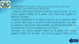 5. ASPECTO: El Aspecto indica si la acción del verbo está
concluida o permanece en desarrollo:
- Aspecto perfectivo: Indican el término de la acción. Ej: Los
chicos jugaron fútbol en el patio. Los chicos han jugado al
fútbol en el patio.
-Aspecto imperfectivo: Se indica la acción sin su término. Esto
no quiere decir que la acción se esté produciendo, sino que
se expresa si esa acción está acabada, se está produciendo, se
ha producido o se va a producir en un futuro.
Ejemplo: Los chicos juegan fútbol en el patio. Los chicos
jugaban fútbol en el patio. Los chicos jugarán fútbol en el
VOLVER
 