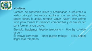 Auxiliares.
Carecen de contenido léxico y acompañan o refuerzan a
verbo principal. Los verbos auxiliares son: ser, estar, tener,
poder, deber, ir, andar, romper, seguir, haber; este último
sirve para formar los tiempos compuestos y el auxiliar ser
para formar la voz pasiva.
Ejemplo: Habíamos llegado temprano - Hoy he comido
tarde –
Él estuvo corriendo – Janet puede trabajar – Ellos deben
llegar más temprano.
 