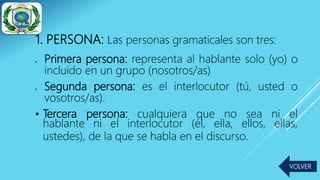 1. PERSONA: Las personas gramaticales son tres:
 Primera persona: representa al hablante solo (yo) o
incluido en un grupo (nosotros/as)
 Segunda persona: es el interlocutor (tú, usted o
vosotros/as).
• Tercera persona: cualquiera que no sea ni el
hablante ni el interlocutor (él, ella, ellos, ellas,
ustedes), de la que se habla en el discurso.
VOLVER
 