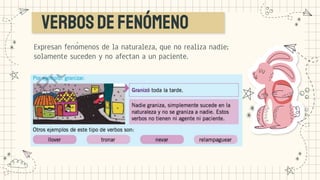 Verbosdefenómeno
Expresan fenómenos de la naturaleza, que no realiza nadie;
solamente suceden y no afectan a un paciente.
 