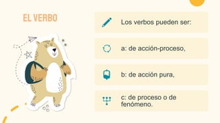 ELVERBO Los verbos pueden ser:
a: de acción-proceso,
b: de acción pura,
c: de proceso o de
fenómeno.
 