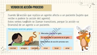 Verbosdeacción-proceso
Cuando la acción que realiza un agente afecta a un paciente (sujeto que
recibe o padece la acción del agente).
Estos verbos también se llaman transitivos, porque la acción va
(transita) de un agente a un paciente.
 