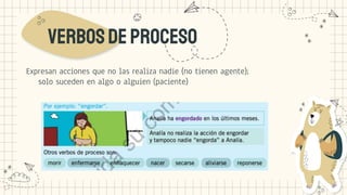 Verbosdeproceso
Expresan acciones que no las realiza nadie (no tienen agente);
solo suceden en algo o alguien (paciente)
 