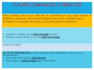 FUTURO COMPUESTO O PERFECTO
Indica tiempo futuro con relación al momento en que está situado el
hablante y, además, indica anterioridad a otra acción también futura.
Se trata de un pasado del futuro y, así, tiene aspecto perfectivo.
• Cuando tú vengas, yo ya habré limpiado la casa.
• Mañana, a estas horas, yo ya me habré examinado.
OTROS VALORES:
VALOR DE PROBABILIDAD: Puede expresar esta modalidad, unida o no a la
temporalidad:
• Si el suelo está mojado, habrá llovido.
• Este cuadro lo habrá pintado algún aficionado.
 