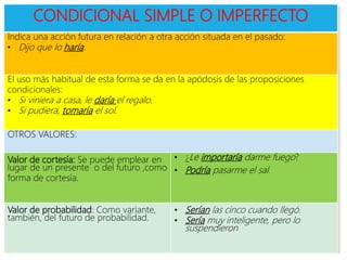 CONDICIONAL SIMPLE O IMPERFECTO
Indica una acción futura en relación a otra acción situada en el pasado:
• Dijo que lo haría.
El uso más habitual de esta forma se da en la apódosis de las proposiciones
condicionales:
• Si viniera a casa, le daría el regalo.
• Si pudiera, tomaría el sol.
OTROS VALORES:
Valor de cortesía: Se puede emplear en
lugar de un presente o del futuro ,como
forma de cortesía.
• ¿Le importaría darme fuego?
• Podría pasarme el sal.
Valor de probabilidad: Como variante,
también, del futuro de probabilidad.
• Serían las cinco cuando llegó.
• Sería muy inteligente, pero lo
suspendieron
 