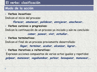 El verbo: clasificación
Modo de la acción
 Verbos incoativos:
Indican el inicio del proceso:
      florecer, amanecer, palidecer, enrojecer, anochecer…
 Verbos cursivos o progresivos:
Indican la continuación de un proceso ya iniciado y aún no concluido:
                  comer, pasear, vivir, estudiar…
 Verbos terminativos:
Indican el final de un proceso previamente desarrollado:
            llegar, terminar, acabar, alcanzar, lograr…
Verbos iterativos o reiterativos:
Expresan acciones compuestas de varios actos iguales y repetidos:
golpear, manosear, vagabundear, patear, besuquear, manosear,…
 