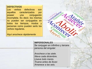 DEFECTIVOS
Los verbos defectivos son
aquellos caracterizados por
poseer una conjugación
incompleta. Es decir, los mismos
no pueden ser conjugados en
todos los tiempos, modos y
personas como pueden serlo los
verbos regulares.
Aquí anochece rápidamente
IMPERSONALES
Se conjugan en infinitivo y tercera
persona del singular:
Anochece a las siete.
Nieva cada diciembre.
Llueve todo marzo.
Truena antes de llover.
Amanece a las seis.
 