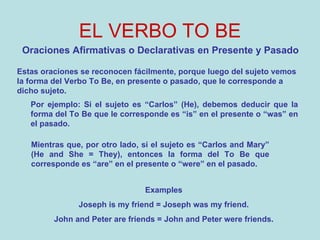 EL VERBO TO BE Oraciones Afirmativas o Declarativas en Presente y Pasado Estas oraciones se reconocen fácilmente, porque luego del sujeto vemos la forma del Verbo To Be, en presente o pasado, que le corresponde a dicho sujeto. Mientras que, por otro lado, si el sujeto es “Carlos and Mary” (He and She = They), entonces la forma del To Be que corresponde es “are” en el presente o “were” en el pasado. Por ejemplo: Si el sujeto es “Carlos” (He), debemos deducir que la forma del To Be que le corresponde es “is” en el presente o “was” en el pasado. Examples Joseph is my friend = Joseph was my friend. John and Peter are friends = John and Peter were friends. 