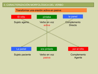 Transformar una oración activa en pasiva:
El niño pintaba la pared
Sujeto agente Verbo en voz
activa
Complemento
Directo
por el niñoera pintadaLa pared
Sujeto paciente Verbo en voz
pasiva
Complemento
Agente
3. CARACTERIZACIÓN MORFOLÓGICA DEL VERBO
 