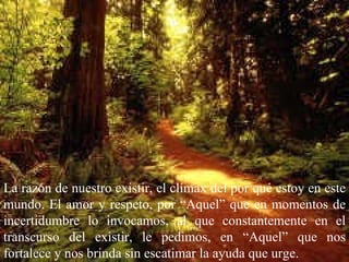 La razón de nuestro existir, el clímax del por qué estoy en este mundo. El amor y respeto, por “Aquel” que en momentos de incertidumbre lo invocamos, al que constantemente en el transcurso del existir, le pedimos, en “Aquel” que nos fortalece y nos brinda sin escatimar la ayuda que urge. 