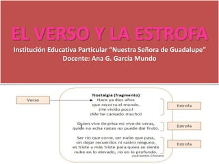 EL VERSO Y LA ESTROFA
Institución Educativa Particular “Nuestra Señora de Guadalupe”
Docente: Ana G. García Mundo
 