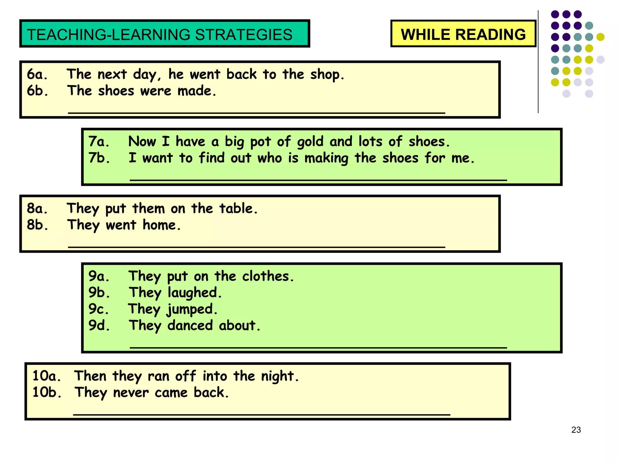 WHILE READING TEACHING-LEARNING STRATEGIES  6a.  The next day, he went back to the shop.  6b.  The shoes were made.  ____________________________________________   7a.  Now I have a big pot of gold and lots of shoes.  7b.  I want to find out who is making the shoes for me.  ____________________________________________  8a.  They put them on the table.  8b.  They went home.  ____________________________________________  9a.  They put on the clothes.  9b.  They laughed.  9c.  They jumped.  9d.  They danced about.  ____________________________________________  10a.  Then they ran off into the night.  10b.  They never came back.  ____________________________________________  