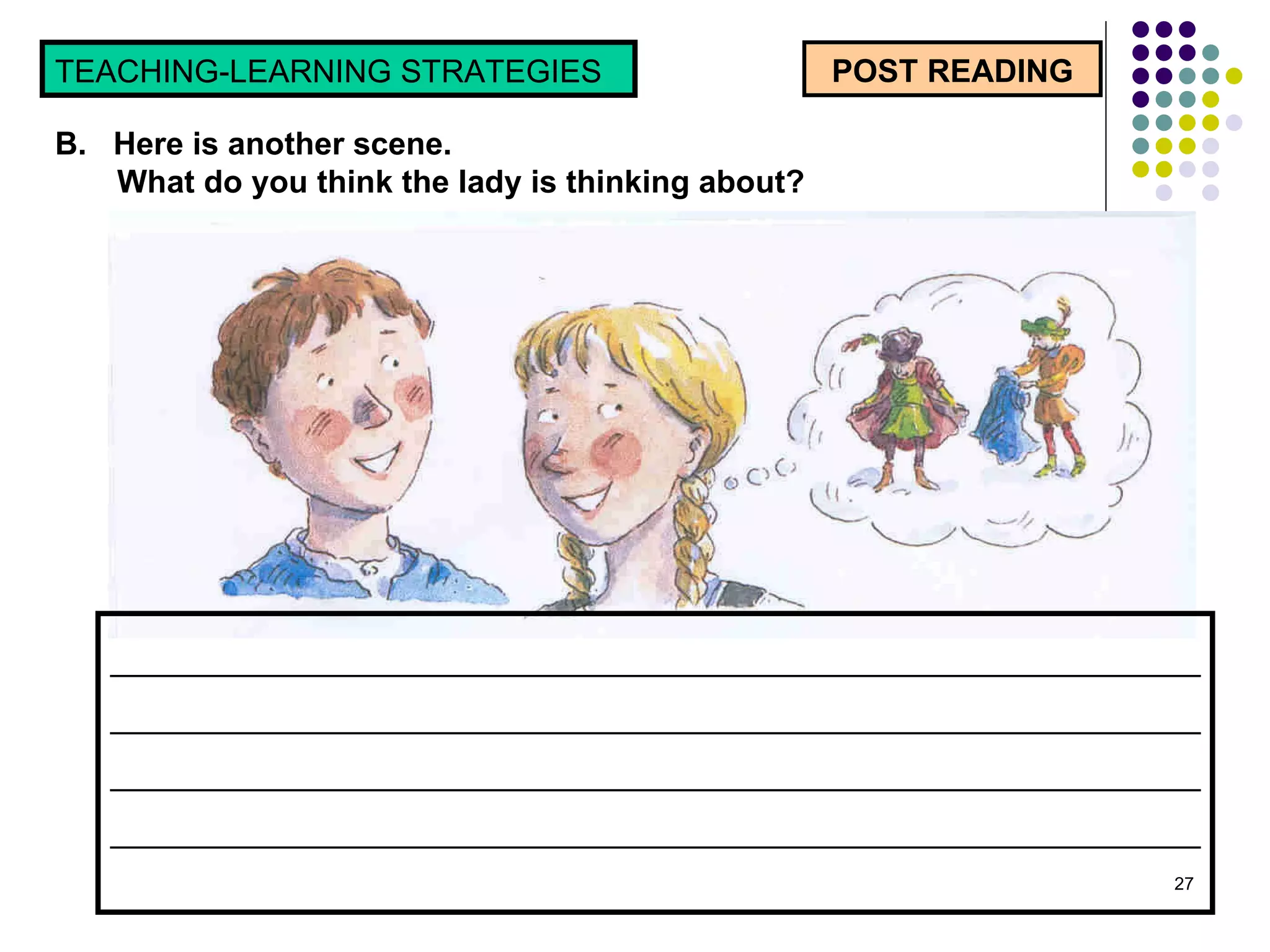 POST READING TEACHING-LEARNING STRATEGIES  B.  Here is another scene.  What do you think the lady is thinking about?  ______________________________________________________________ ______________________________________________________________ ______________________________________________________________ ______________________________________________________________ 