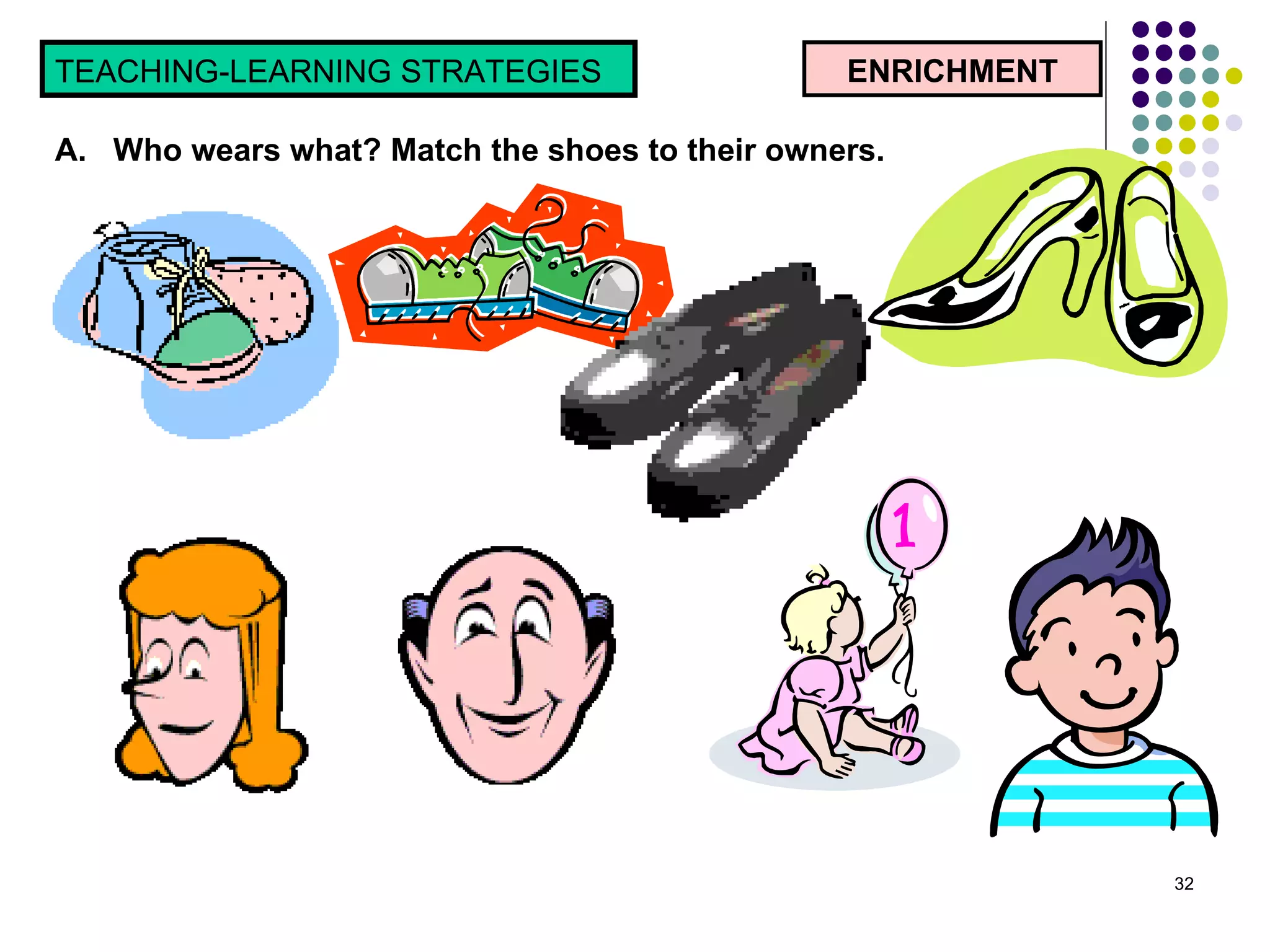 ENRICHMENT TEACHING-LEARNING STRATEGIES  A.  Who wears what? Match the shoes to their owners.  