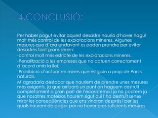  Per haber pogut evitar aquest desastre hauria d'haver hagut
molt més control de les explotacions mineres. Algunes
mesures que d’ara endavant es poden prendre per evitar
desastres tant grans serien:
-control molt més estricte de les explotacions mineres.
-Penalització a les empreses que no actuen correctament
d’acord amb la llei.
-Prohibició d’actuar en mines que estiguin a prop de Parcs
naturals.
M’agradaria destacar que hauríem de prendre unes mesures
més exigents, ja que arribarà un punt on haguem destruït
completament o gran part de l’ecosistema i ja no podrem ja
que nosaltres mateixos haurem sigut qui l’ha destruït sense
mirar les conseqüències que ens vindran després i per les
quals haurem de pagar per no haver pres suficients mesures.
 