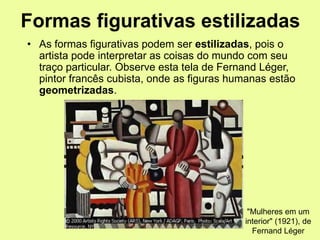 Formas figurativas estilizadas
• As formas figurativas podem ser estilizadas, pois o
artista pode interpretar as coisas do mundo com seu
traço particular. Observe esta tela de Fernand Léger,
pintor francês cubista, onde as figuras humanas estão
geometrizadas.
"Mulheres em um
interior" (1921), de
Fernand Léger
 