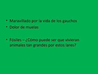 • Maravillado por la vida de los gauchos 
• Dolor de muelas 
• Fósiles – ¿Cómo puede ser que vivieran 
animales tan grandes por estos lares? 
 