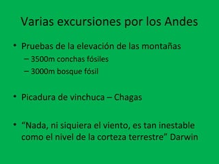 Varias excursiones por los Andes 
• Pruebas de la elevación de las montañas 
– 3500m conchas fósiles 
– 3000m bosque fósil 
• Picadura de vinchuca – Chagas 
• “Nada, ni siquiera el viento, es tan inestable 
como el nivel de la corteza terrestre” Darwin 
 
