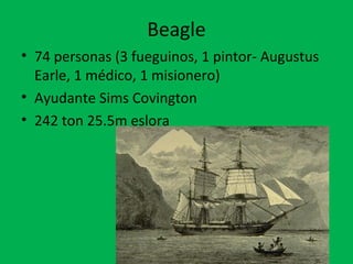 Beagle 
• 74 personas (3 fueguinos, 1 pintor- Augustus 
Earle, 1 médico, 1 misionero) 
• Ayudante Sims Covington 
• 242 ton 25.5m eslora 
 