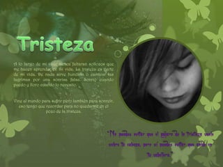A lo largo de mi viaje nunca faltaran sollozos que
me hacen aprender en mi vida. La tristeza es parte
de mi vida. De nada sirve hundirla o cambiar las
lagrimas por una sonrisa falsa. Sonrió cuando
puedo y lloro cuando lo necesito.


Vine al mundo para sufrir pero también para sonreír,
  eso tengo que recordar para no quedarme en el
                pozo de la tristeza.
 