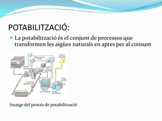 POTABILITZACIÓ:La potabilització és el conjunt de processos que transformen les aigües naturals en aptes per al consumImatge del procés de potabilització