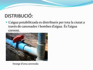 DISTRIBUCIÓ:L’aigua potabilitzada es distribueix per tota la ciutat a través de canonades i bombes d’aigua. És l’aigua corrent.            Imatge d’una canonada 