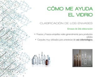 CÓMO ME AYUDA
EL VIDRIO
CLASIFICACIÓN DE LOS ENVASES
Envases de 2da elaboración 
•	 Frascos y frascos-ampollas: viales generalmente para productos
sólidos
•	 Carpules: muy utilizados para anestesias de uso odontológico.
 