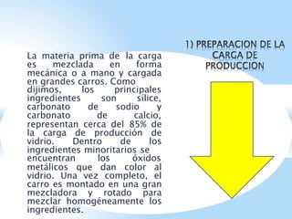 La materia prima de la carga
es mezclada en forma
mecánica o a mano y cargada
en grandes carros. Como
dijimos, los principales
ingredientes son sílice,
carbonato de sodio y
carbonato de calcio,
representan cerca del 85% de
la carga de producción de
vidrio. Dentro de los
ingredientes minoritarios se
encuentran los óxidos
metálicos que dan color al
vidrio. Una vez completo, el
carro es montado en una gran
mezcladora y rotado para
mezclar homogéneamente los
ingredientes.
 