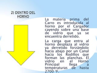 La materia prima del
Carro es introducida al
horno por el Cargador
cayendo sobre una base
de vidrio que ya se
encuentra derretido.
La carga que entra al
horno desplaza al vidrio
ya derretido forzándolo
hacia abajo por un Canal
hacia los Rodillos que
forman las planchas. El
vidrio en el Horno
Principal llega a
temperaturas de hasta
2700 °F.
 