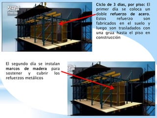 Ciclo de 3 días, por piso: El
primer día se coloca un
doble refuerzo de acero.
Estos refuerzo son
fabricados en el suelo y
luego son trasladados con
una grúa hasta el piso en
construcción
El segundo día se instalan
marcos de madera para
sostener y cubrir los
refuerzos metálicos
 